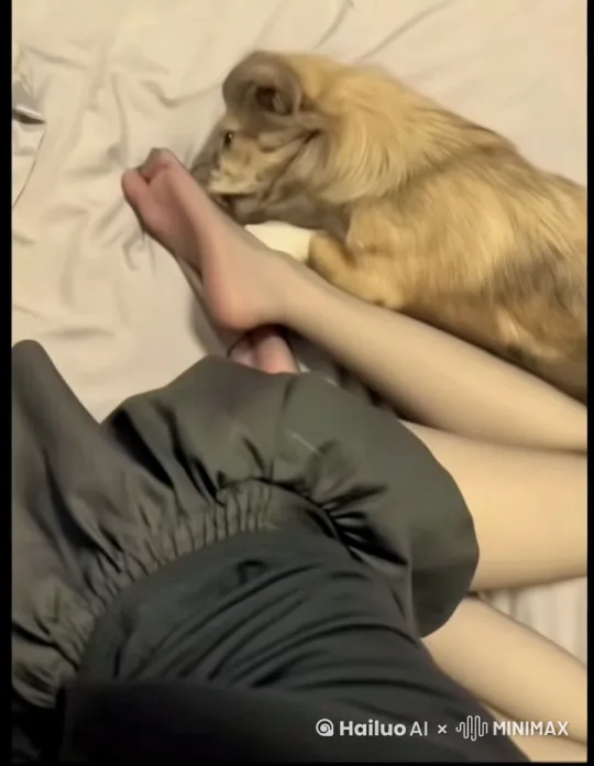 狗狗将女主人的丝袜咬出一个大洞，破洞出需要一个特写，随后镜头缓慢向上移动，露出女主人精致的容颜，色调逐渐变明亮，饱和度高，要求电影画质 by Hailuo AI Video Generator