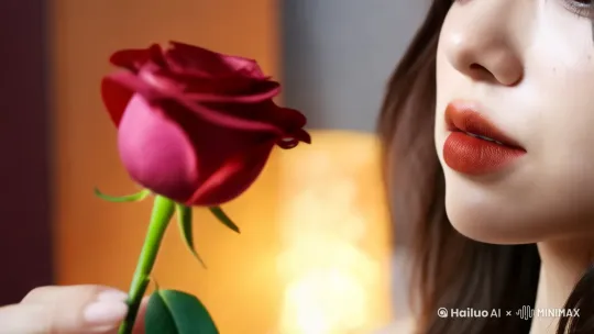 美人把玫瑰叼在嘴上，站起身来，镜头又近拉远， by Hailuo AI Video Generator