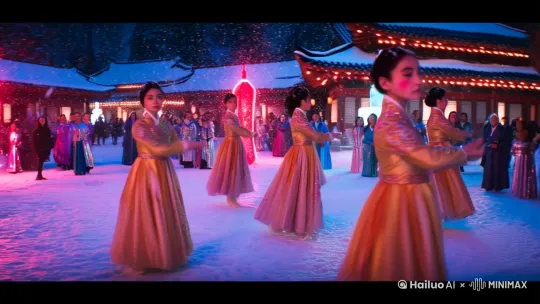 "4K ultra-realistic cinematic video, winter folk Yangko dance in ancient town square, dynamic camera movements with drone shots, 8 young female dancers in glowing silk costumes with intricate embroidery, hyper-detailed facial features with blushing cheeks, snowflakes refracting prismatic lights, crowd wearing avant-garde winter fashion with metallic fabrics, neon-lit ice sculptures, traditional red lanterns with holographic projections, swirling silk ribbons leaving light trails, slow-motion footwork kicking up crystal snow, aerial view revealing yin-yang formation, finale with drone light show in night sky, vibrant color grading with cyan and magenta accents, cinematic contrast, Unreal Engine 8 rendering, --ar 9:16 --v 6.0" by Hailuo AI Video Generator