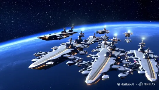 星际纪元。航母编队出征太空。[右移,左摇,跟随] by Hailuo AI Video Generator