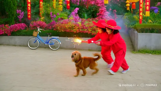 春节时，三个小朋友 在一起放鞭炮，他们穿着红色的衣服，带着帽子，边上有一只可爱的小狗，还有一辆自行车[左移,右摇,跟随] by Hailuo AI Video Generator