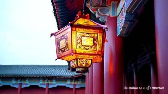 一只悬挂在大殿房檐下的六角中国宫灯，缓慢旋转[左移,右摇,跟随]，要求画面喜庆细腻。 by Hailuo AI Video Generator