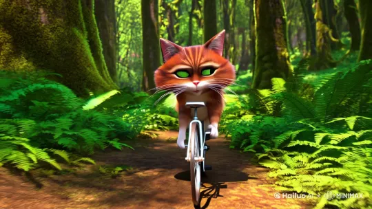 一只猫咪在森林里骑自行车 by Hailuo AI Video Generator