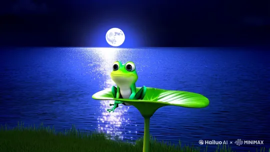 在一个宁静的夏夜，月光如水般洒在湖面上，湖水轻轻荡漾，反射着点点银光。湖边的草地上，一只青蛙正站在一片宽大的荷叶上，准备开始它的舞蹈。

这只青蛙名叫小绿，它身穿一件翠绿色的外套，鼓鼓的眼睛闪烁着兴奋的光芒。随着一阵微风吹过，荷叶轻轻摇摆，仿佛在为小绿伴奏。小绿先是用后腿轻轻一蹬，身体跃起，在空中划出一道优美的弧线，然后稳稳地落在另一片荷叶上。

接着，小绿开始有节奏地跳动。它的前腿在空中挥舞，像是在指挥一场盛大的音乐会。每一次跳跃，小绿的身体都像是在空中旋转，尾巴轻轻一摆，划出优雅的曲线。它的动作轻盈而富有韵律，仿佛在跳一支古老的舞蹈。

湖中的鱼儿也被小绿的舞蹈吸引，纷纷跃出水面，为它伴舞。远处的萤火虫也飞了过来，围绕着小绿，形成一个闪闪发光的舞台。小绿越跳越起劲，它的动作越来越快，仿佛在与月光和湖水共舞。

终于，在一阵欢快的跳跃后，小绿停了下来，静静地站在荷叶上，享受着夜晚的宁静和微风的轻抚。湖面恢复了平静，只有小绿的心跳声在夜空中回荡，仿佛在诉说着这场奇妙的舞蹈。

这就是青蛙小绿的舞蹈，一个充满活力和灵动的夜晚。 by Hailuo AI Video Generator