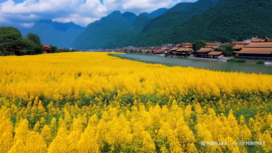 这张图片展示了一片美丽的油菜花田,前景是盛开的黄色油菜花,背景是宁静的河流和远处的青山。河岸两边有一些传统风格的建筑,蓝天白云映衬下,整个画面显得非常宁静和谐,给人一种田园诗般的感觉。这种场景常见于江南水乡,是中国南方典型的自然风光。
如果你有任何具体的问题或需要进一步的帮助,请告诉我! by Hailuo AI Video Generator