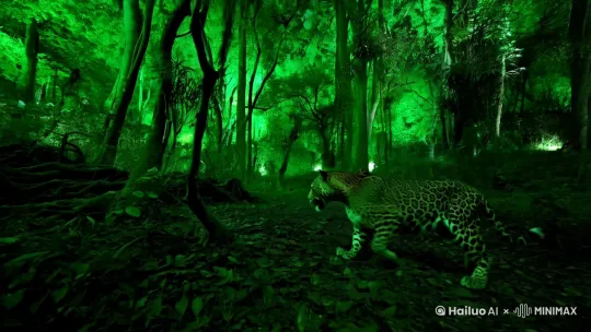 Prompt:
Create a 5-second video of a leopard in a nighttime forest, captured through a night vision device. The scene should feature:
Environment: Dense forest with tall trees and underbrush, illuminated by the soft green glow of night vision technology.
Leopard: A majestic leopard, with its distinctive spots clearly visible against the green background. The leopard should be in mid-motion, perhaps walking or crouching, showcasing its stealth and grace.
Atmosphere: The ambient sounds of the forest at night, including rustling leaves and distant nocturnal animal calls.
Camera Angle: A low-angle shot, as if the viewer is observing the leopard from a concealed position.
Lighting: The characteristic green tint of night vision, highlighting the textures of the forest floor and the leopard's fur.
Duration: Exactly 5 seconds, capturing the essence of the moment in a brief but impactful clip. by Hailuo AI Video Generator