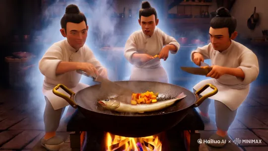 
“灶台前，哪吒六臂齐舞，风火轮喷涌的烈焰舔舐着铁锅，䲃鱼腿在热油中‘滋啦’作响。他左侧的头颅紧盯火候，右侧的手臂飞速切着青州蜜桃丁，中间的脑袋还不忘对着镜头挑眉：‘这泡椒凤爪，保准辣到你三昧真火直冒！’弹幕疯狂 by Hailuo AI Video Generator