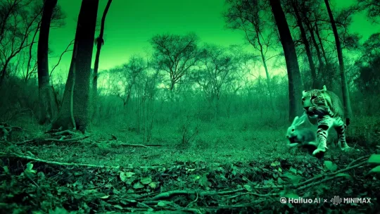 Prompt: 
Create a 5-second video of a leopard hunting a grey rabbit in a nighttime forest, captured through a night vision device. The scene should feature Environment: Dense forest with tall trees and underbrush, illuminated by the soft green glow of night vision technology.
Leopard and Rabbit: A majestic leopard with its distinctive spots clearly visible against the green background. The leopard should be in mid-motion, lunging towards a grey rabbit that is attempting to flee. The rabbit should be visible, struggling to escape, adding a sense of urgency to the scene.
Atmosphere: The ambient sounds of the forest at night, including rustling leaves and the rapid heartbeat-like thumps of the fleeing rabbit.
Camera Angle: A low-angle shot, as if the viewer is observing the scene from a concealed position on the forest floor.
Lighting: The characteristic green tint of night vision, highlighting the textures of the forest floor, the leopard's fur, and the rabbit's fur.
Duration: Exactly 5 seconds, capturing the intense moment of the leopard's attack and the rabbit's desperate escape attempt in a brief but impactful clip. by Hailuo AI Video Generator