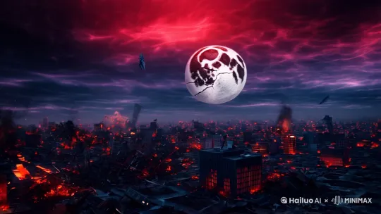 一个黑暗而反乌托邦的场景，世界即将毁灭。天空中弥漫着旋转的风暴云，散发着不自然的红色和紫色光辉，反射出下面的混乱。建筑物正在崩塌，残骸从灰烬中升起。在远处，一个巨大的裂开的月亮阴森地悬挂着。在动乱中，一名孤独的身影站立，披着破烂的布料，坚定地凝视着远方。地面开裂，熔岩河流穿过文明的遗迹。空气中弥漫着紧张、恐惧和即将来临的末日感。空气沉重，充满了灰烬，曾经繁荣的城市如今只是荒凉的废墟，笼罩在一片诡异的光芒中。这是一个凝固的瞬间，世界的终结既迫在眉睫又不可避免[左摇,变焦推进] by Hailuo AI Video Generator