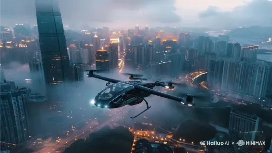 飞机快速的向前飞行,要符合透视关系,镜头环绕主体运动 by Hailuo AI Video Generator