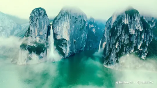 史诗级三峡地貌，青灰色花岗岩山体被翡翠色江水纵向劈开，悬崖断面呈现晶体状反光，高空视角云雾缭绕，飞瀑从千米绝壁坠落，中国水墨画风格与CGI渲染结合【高空航拍视角】
从云层俯冲穿越，展现被江水劈开的千米绝壁 by Hailuo AI Video Generator