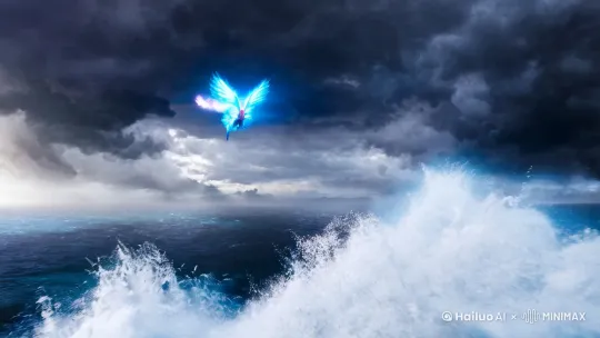 哪吒闹海，惊天动地。飞天穿过云层，正面飞来 by Hailuo AI Video Generator
