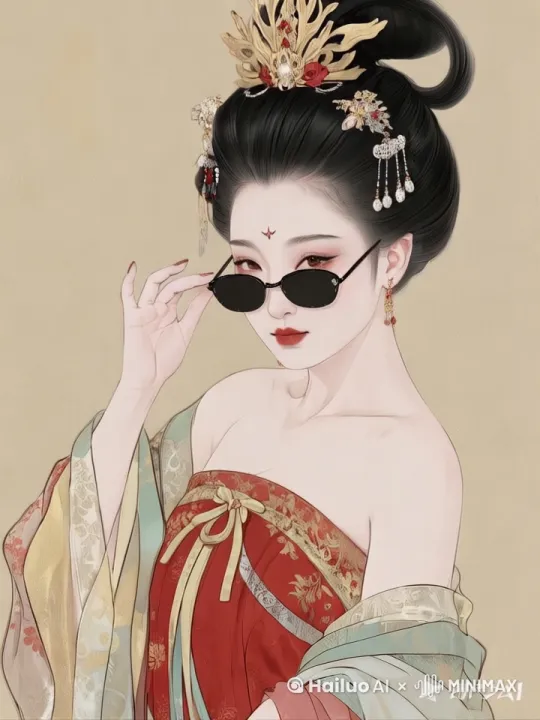 镜头向前推近150%，同时再环绕人物移动镜头90°，女人取下墨镜拿在手中停在下巴处，眼睛跟随着镜头移动，嘴角露出微笑 by Hailuo AI Video Generator