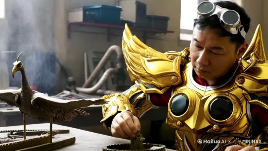 主角身穿华丽黄金圣斗士圣衣与护目镜，坐在充满齿轮与蒸汽管道的工坊中。背景是桌上散落的工具与半完成的机械鸟模型，蒸汽缓缓从管道中冒出，整体画面充满怀旧与未来交织的冲突感。 by Hailuo AI Video Generator