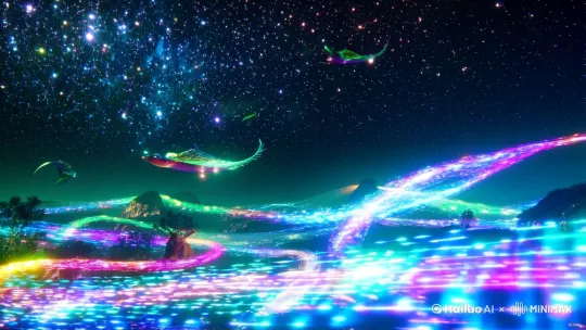 创建一个充满科技与自然奇观的新世界画面，包含闪烁的星空、飘动的数据流和奇幻的生物。将画面风格调整为科幻风格，增加一些未来感强烈的元素。[左移,上升] by Hailuo AI Video Generator