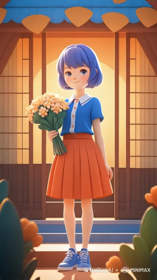 图中的人物看了看手中的花，高兴的跳起来 by Hailuo AI Video Generator