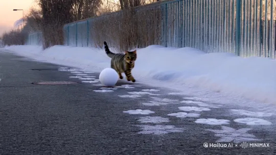 画面：初雪清晨的柏油路，虎斑猫追着滚动的小雪球小跑。肉垫在薄雪上踩出小花印，突然急刹歪头，看着雪球撞上铁栅栏碎成晶粉，伸出粉舌去舔栏杆上反光的冰凌。 by Hailuo AI Video Generator