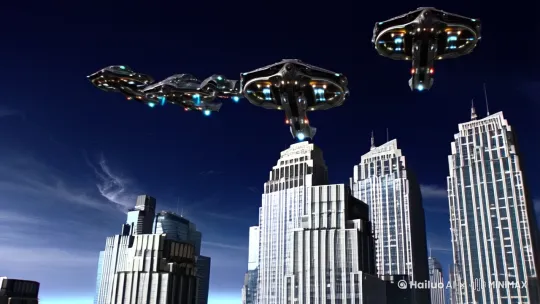 外星战舰入侵地球，在城市上空攻击大厦，用激光武器[拉远,下降,下摇]把大厦大厦打爆了，火光冲天，场面震撼 by Hailuo AI Video Generator