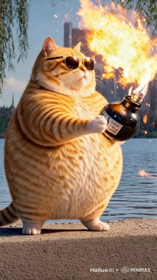 固定镜头，猫转身把手上的黑色炸弹往身后丢，随后猫往右跑离画面 by Hailuo AI Video Generator
