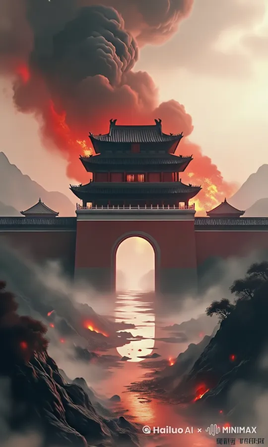 俯瞰楚国樊城城门，残破城墙被火光映红，黑云压城。烽火连天，战士们正在攻城，浴血奋战。 by Hailuo AI Video Generator