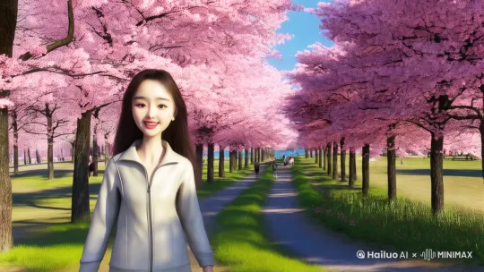 公园里，小姑娘开心的行走在粉红的樱花大道上，前面是一个小山丘，山丘上一片五颜红色的花海，小姑娘深情的吻着花朵，很陶醉动人的样子。镜头越过山丘，下面是宽阔的海景，阳光灿烂，海欧飞舞。大师运镜，帧帧美丽漂亮，3D立体渲染，8k高清，电影大片质感。 by Hailuo AI Video Generator