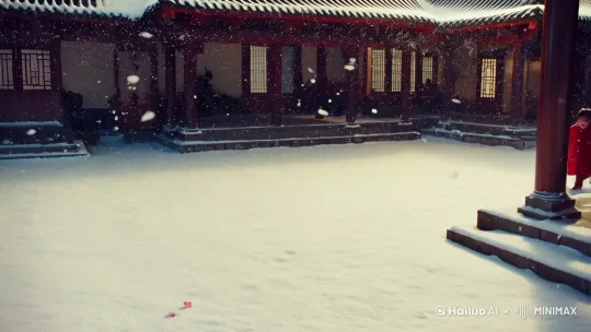 画面： 雪花纷纷扬扬，轻盈地落在银装素裹的小院。一个裹着红色棉袄的小孩，踩着松软的积雪，咯咯笑着追逐一只毛茸茸的小狗。小狗欢快地蹦跳着，在雪地上留下一串梅花般的脚印。

声音： 孩童清脆的笑声，小狗兴奋的吠叫，雪花落地的簌簌声，交织成一曲冬日欢歌。

氛围： 温馨，欢乐，充满童趣，仿佛时间都慢了下来，定格在这美好的瞬间。 by Hailuo AI Video Generator