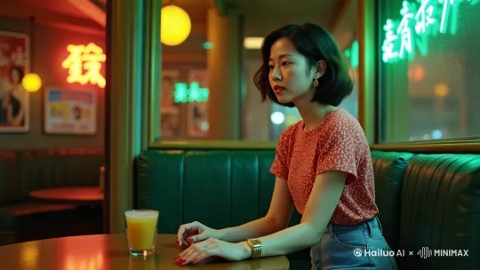 景别：近景｜视角：低角度｜构图：对角线分割
核心主体：女人侧身倚靠卡座，
情绪动作：若有所思地凝视窗外，指尖轻触玻璃杯边缘
环境场景：霓虹灯招牌透过玻璃投射光影，墙面贴满90年代香港电影海报，桌角有凝结水珠的冻柠茶
艺术风格：王家卫电影美学，暗调背景与高饱和暖光交织5
材质细节：胶片颗粒感，玻璃反光中的霓虹色散
氛围光线：暖黄顶灯与冷绿色霓虹形成戏剧性对比，侧光勾勒发丝轮廓
色调：复古青橙色调，阴影处加入暗绿滤镜
运镜：镜头向前推进定格桌面冻柠茶 by Hailuo AI Video Generator