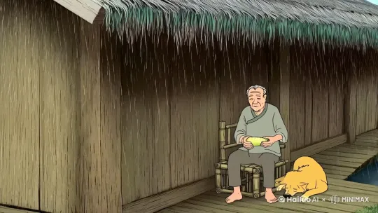 「意境：雨丝化作细墨线斜落屋檐，老人独坐竹椅削山药，脚边黄犬蜷睡，水缸倒影中游鱼与山药须共舞」 by Hailuo AI Video Generator