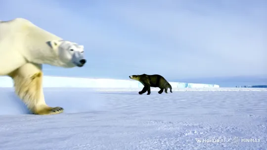 文生视频prompt：一个强壮的北极熊在北极冰川的雪山上狩猎，在冰面上与一群中国南极科考队队员相遇，北极熊友好地站立行注目礼。 by Hailuo AI Video Generator