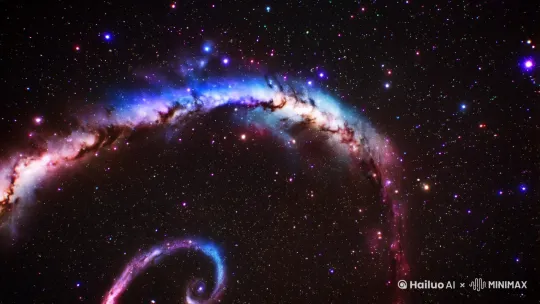 银河系全景
深空视角下,银河系旋臂缓缓旋转,星云如彩色薄纱缠绕其间。数以千亿计的恒星群在暗物质引力场中流动,一颗蓝巨星突然爆发伽马射线暴,照亮了原本幽暗的星际尘埃带(参考银河系年龄与结构 8 )。 镜头2:不明飞行物现身 by Hailuo AI Video Generator