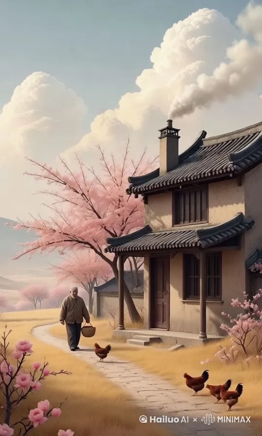 小鸡在地上觅食，老人提着竹篮缓缓走来，炊烟袅袅升起，花瓣随风飘落，白云飘动 by Hailuo AI Video Generator