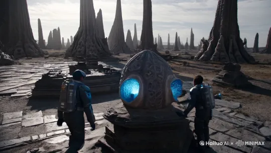 在遥远的2099年，宇宙探索队于古老遗迹发现一枚奇异海螺。它散发着幽微蓝光，纹路似藏着宇宙密码。当队员触碰，一阵奇异波动传来，仿佛在召唤他们探寻未知。 by Hailuo AI Video Generator