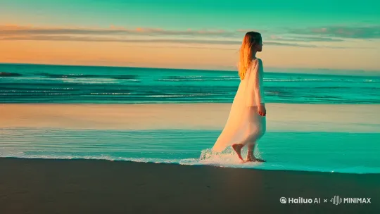 [右移,左摇,跟随]Fujifilm Pro 400H film still, barefoot girl walking on wet sand at golden hour, semi-transparent chiffon dress with pearl sheen, wind-blown flaxen hair, surf foam sparkling around ankles, teal and amber color grading, by Hailuo AI Video Generator