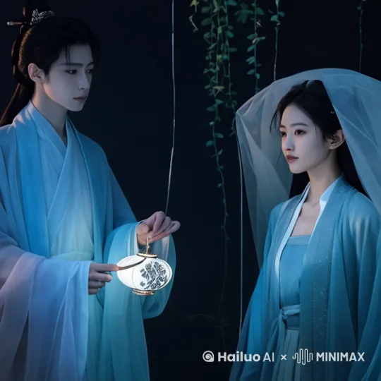 在夜里提灯漫步，在河堤仰望夜空。繁星。 by Hailuo AI Video Generator