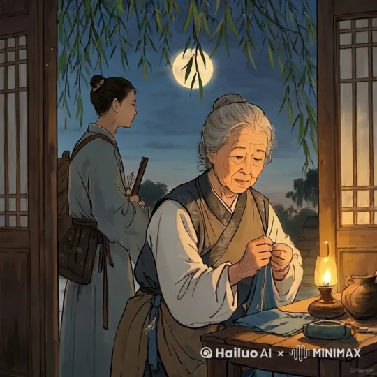 黄昏古风场景，慈祥母亲身着素色襦裙，手持针线在油灯下专注缝制青布衣，暖黄光晕映照面部皱纹与银发，精细绣花针脚特写；游子背负行囊立于门边，回首间眼神不舍，窗外杨柳轻拂月光；中式木质窗棂与粗陶茶具点缀场景，暖色调水墨渲染母爱温暖，8K工笔质感呈现布料纹理与皮肤细节，画面弥漫「临行密密缝」的静谧深情，母亲和孩子说，要好好努力，为人民服务。 by Hailuo AI Video Generator