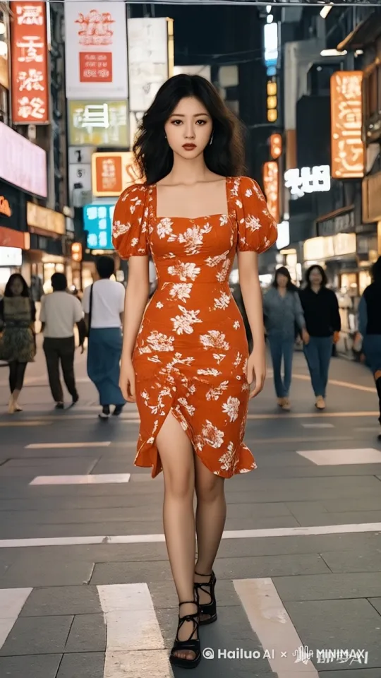 从远处缓慢向前推进靠近女人，身着红色碎花连衣裙的女人缓慢地走在繁华的街道中央，周围是来来往往的行人。她表情略带迷茫，眼神游离，环境场景是充满复古港风的街道，霓虹灯闪烁，招牌林立。 by Hailuo AI Video Generator