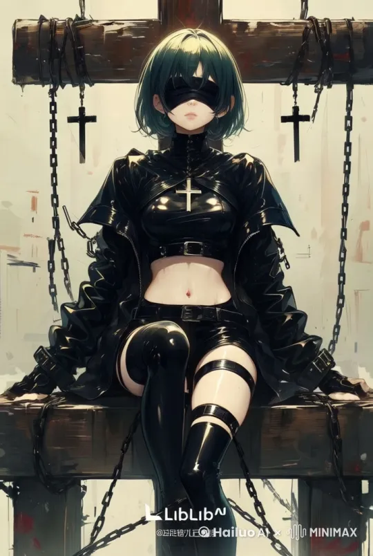 在十字架上挣扎呼救的少女，四周狂风呼啸。 by Hailuo AI Video Generator
