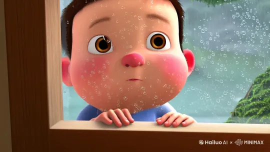 画面： 雨滴如断线的珍珠，噼里啪啦地敲打着窗户。窗内，一个小孩双手托着肉嘟嘟的下巴，清澈的眼眸透过朦胧的玻璃，出神地望着窗外。雨水顺着树干蜿蜒而下，滋润着每一片绿叶，大树在雨中舒展着枝叶，仿佛在跳一支欢快的舞蹈。

声音： 雨点敲打窗户的节奏，树叶沙沙作响，偶尔传来几声闷雷，为这雨景增添了一丝神秘。

氛围： 宁静，安详，带着一丝好奇和童真，仿佛整个世界都沉浸在雨水的洗礼中。 by Hailuo AI Video Generator