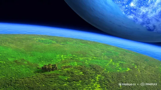 在浩瀚无垠、神秘深邃的宇宙深处，一颗星球正沿着既定的轨道，环绕着巨大的恒星周而复始地运转。这颗星球十分独特，陆地广袤，占据了总面积的百分之七十以上，而海洋的面积则不足百分之三十 。陆地上，目之所及皆被郁郁葱葱的绿色所覆盖，无论走到哪里，都能看到生长得极为茂盛的各类植物，它们肆意舒展，彰显着蓬勃的生命力。
 
此时，这颗星球还处于文明的荒芜时代，高等级的智慧生物尚未进化诞生，一切环境都保持着最为原始、纯粹的状态，没有受到任何外界因素的干扰。
 
在一片不知名树种构成的茂密树林边缘，一只模样酷似兔子的生物正惬意地趴在那儿。它的脑袋上长着一双独特的尖角，毛色与身下的土地相近，不仔细看，很难将它与周围环境区分开来。此刻，它正无忧无虑地享受着温度恰到好处的阳光，尽情地舒展着身体，沐浴在这温暖的日光之下。
 
起初，这只头顶双角的兔子还精神抖擞，大眼睛里闪烁着灵动的光芒，可随着阳光的轻抚，它渐渐放松下来，原本炯炯有神的大眼睛已经半眯起来，神情慵懒，仿佛随时都会进入甜美的梦乡。
 
就在这时，这只兔子突然感觉周围的光线暗了下来，原本温暖而耀眼的阳光不再强烈。它警觉地抬起头，心中不禁疑惑：“难道是有乌云遮住了太阳？” by Hailuo AI Video Generator