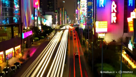 生成一段6秒、分辨率4K的航拍城市夜景延时摄影视频。画面从城市繁华商业街开始,镜头拉高,展现熙攘街道上车水马龙的灯光轨迹,以及两侧高楼绚丽多彩的霓虹招牌。接着快速平移至一座跨江大桥,捕捉桥上流动的车灯与江面闪烁的倒影,整体色调偏冷,添加节奏明快的电子音乐作为背景音。 by Hailuo AI Video Generator