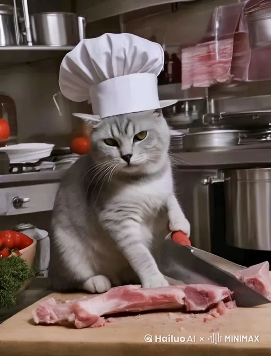 猫咪拿着刀在切肉，动作幅度大，真实感超强 by Hailuo AI Video Generator