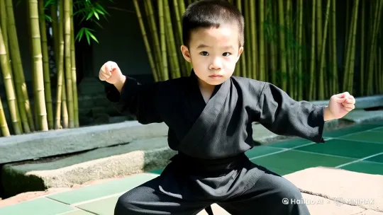 画面中，一位身着传统黑色练功服、脚蹬白色练功鞋的小男孩，约莫三四岁的年纪，眼神坚毅而专注[推近]。他站在古色古香的中式庭院中[左摇]，周围是青砖绿瓦、翠竹摇曳，地上铺着古朴的石板[下移]。小男孩扎着标准的马步，双手握拳抱于腰间，微微颔首，神情肃穆。紧接着，他动作如行云流水般打出一套刚劲有力的少林拳法，出拳虎虎生风，踢腿迅猛利落，每一个动作都精准到位，展现出中国功夫的精气神。阳光透过竹叶的缝隙洒在他身上，勾勒出他充满活力的身影，营造出一种热血激昂又古朴典雅的氛围。 by Hailuo AI Video Generator