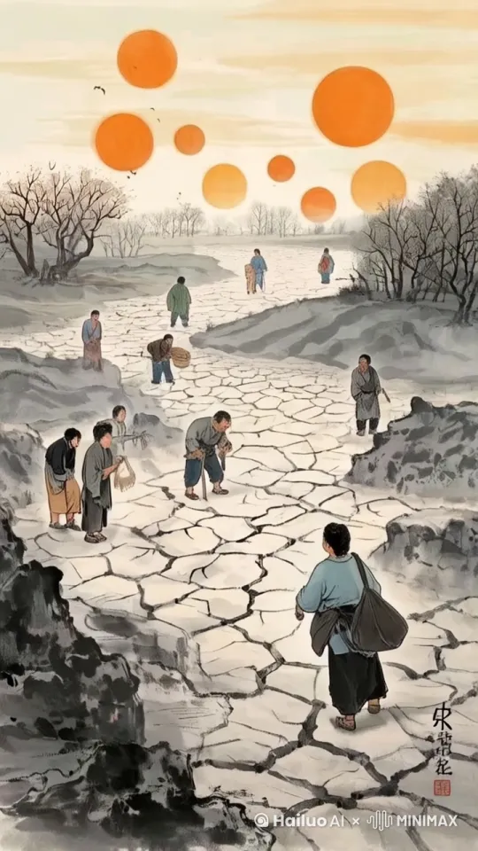 人物走动，太阳炙烤着大地。 by Hailuo AI Video Generator
