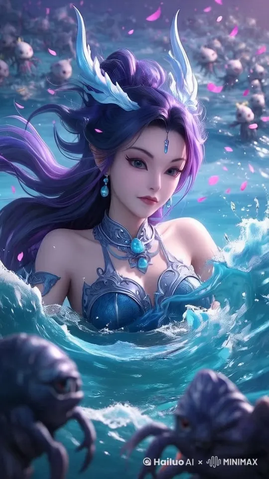 蓝色能量粒子水波从身体向四周弥散 ，无卡顿，让图片中的女孩优雅的跟随海浪在浮浮沉沉，害羞的微笑，头发飘动，高清晰不模糊，高质量，没有瑕疵，镜头跟随  
 by Hailuo AI Video Generator
