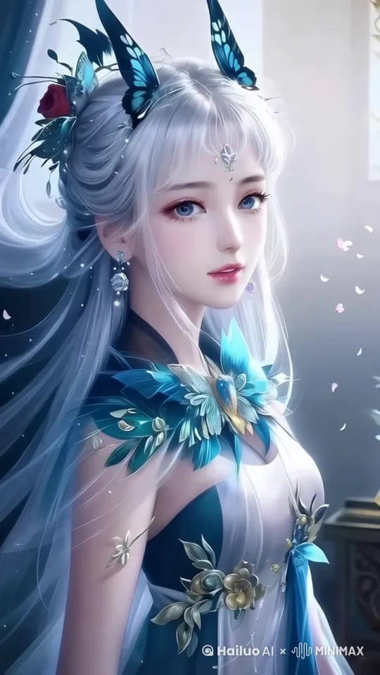 空灵的世界里，一头如雪长发肆意散落。她身着轻柔粉纱，似是从梦幻中走来。细碎花枝装点发间，眼眸如幽潭映着微光。微风轻拂，发丝微动，她侧首，似在聆听来自自然的低语，一场奇幻的旅程，即将开启。 by Hailuo AI Video Generator
