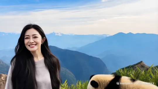 美女站在雅安宝兴县山顶，远处山顶上蓝天白云，旁边大熊猫在大口吃竹笋 by Hailuo AI Video Generator
