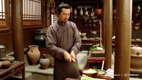景别：全景
视频画面内容：古代中式厨房，厨子在切菜[下降,上摇] by Hailuo AI Video Generator