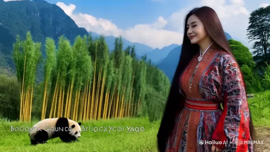 丰满大胸美女，长发飘飘，站在雅安宝兴县山里，一片竹林。大熊猫在旁边大口吃竹笋，远处山顶上蓝天白云 by Hailuo AI Video Generator