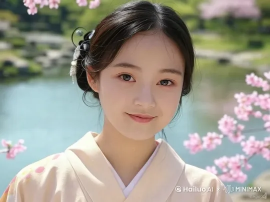 图中的女生在樱花公园游玩，生成一段视频，她周围有很多的樱花树，樱花瓣漫天飞舞 by Hailuo AI Video Generator