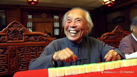大爷在麻将桌上喜笑颜开，露出白牙齿，精神矍铄，脸上皱纹都透着高兴。 by Hailuo AI Video Generator